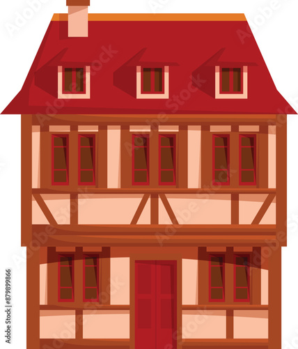 Charming old european style house with red roof, timber framing, and multiple windows, isolated on white background