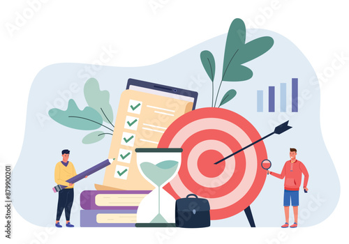 Target productive system. Employees exercising achieve goals business and work discipline training, success time management development checklist organization, illustration