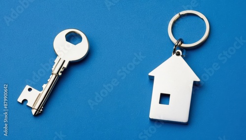 house silver concept shown background blue keychain space key buying keychain keychain estate house represents key rent home property own attached background empty idea new door real copying