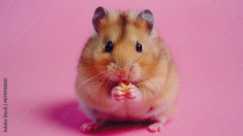 Dwarf hamster snacking by home on pink backdrop Dwarf hamster snacking by home on pink backdrop