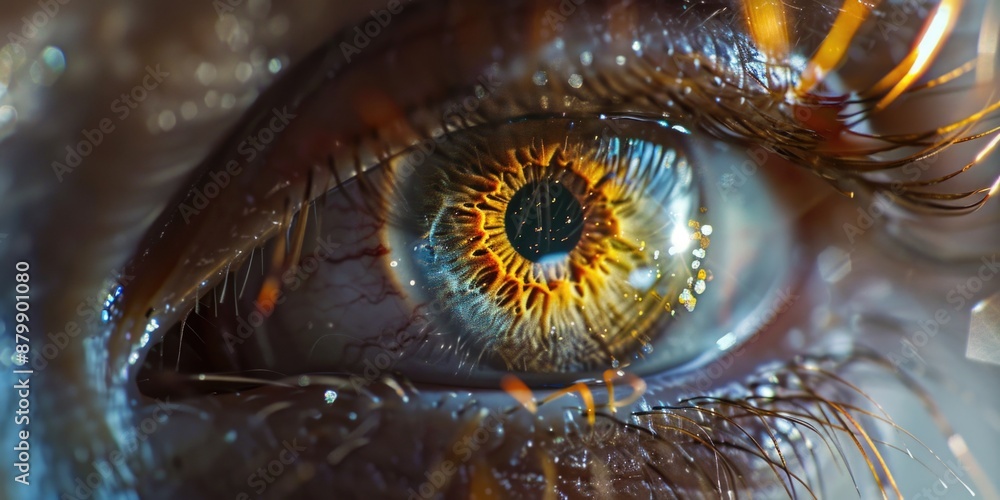 A close-up shot of an eye with water droplets on the surface, great for use in medical or scientific illustrations A close-up shot of an eye with water droplets on the surface, great for use in medical or scientific illustrations