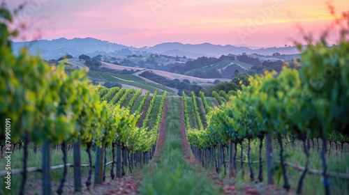 Vineyard landscape with sunset in the background photo