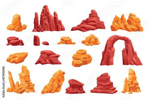 Cartoon desert rocks. Isolated stones cliff rubble sandstone boulder rocky arc, western deserts canyon or mars game landscape formation sand terrain, ingenious illustration