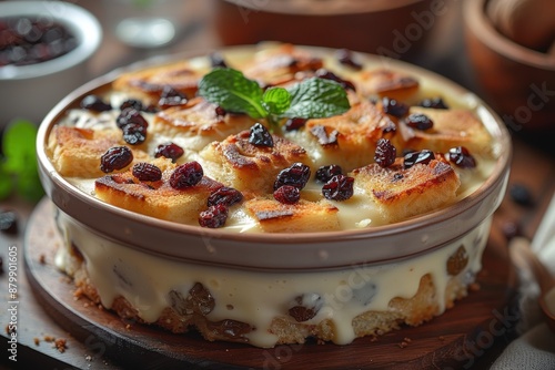 A serving of bread and butter pudding, with layers of buttered bread, raisins, and custard, baked until golden. photo