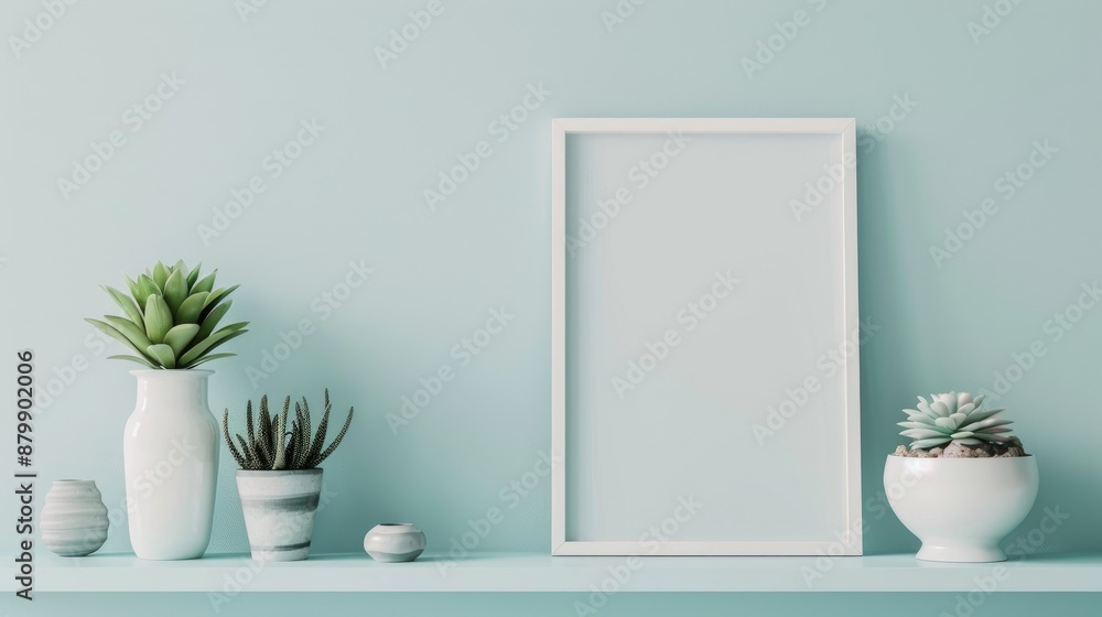 Contemporary room decor with picture frame imitation White shelf on pale blue wall with pottery and succulent Placing potted orchid Contemporary room decor with picture frame imitation White shelf on pale blue wall with pottery and succulent Placing potted orchid