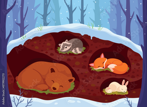 Animals sleeping in den. Animal sleep in underground burrow woodland winter snow season, cute bear hibernation forest nature house, cartoon wildlife ingenious illustration