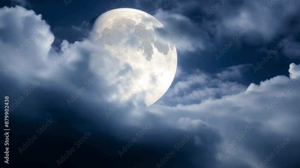 Full moon partially obscured by clouds in the night sky. Full moon partially obscured by clouds in the night sky.