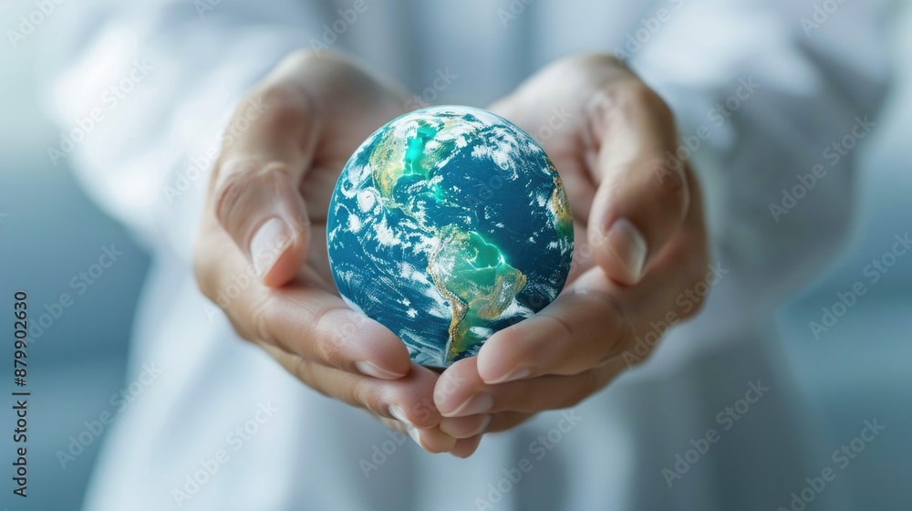 A person holding a small globe, suitable for educational or environmental purposes A person holding a small globe, suitable for educational or environmental purposes