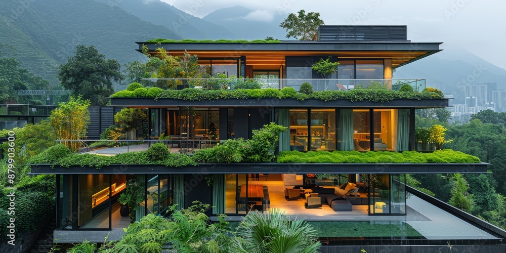 A contemporary eco-home with green roofs, solar panels, and sustainable materials seamlessly integrates modern living with environmental consciousness A contemporary eco-home with green roofs, solar panels, and sustainable materials seamlessly integrates modern living with environmental consciousness