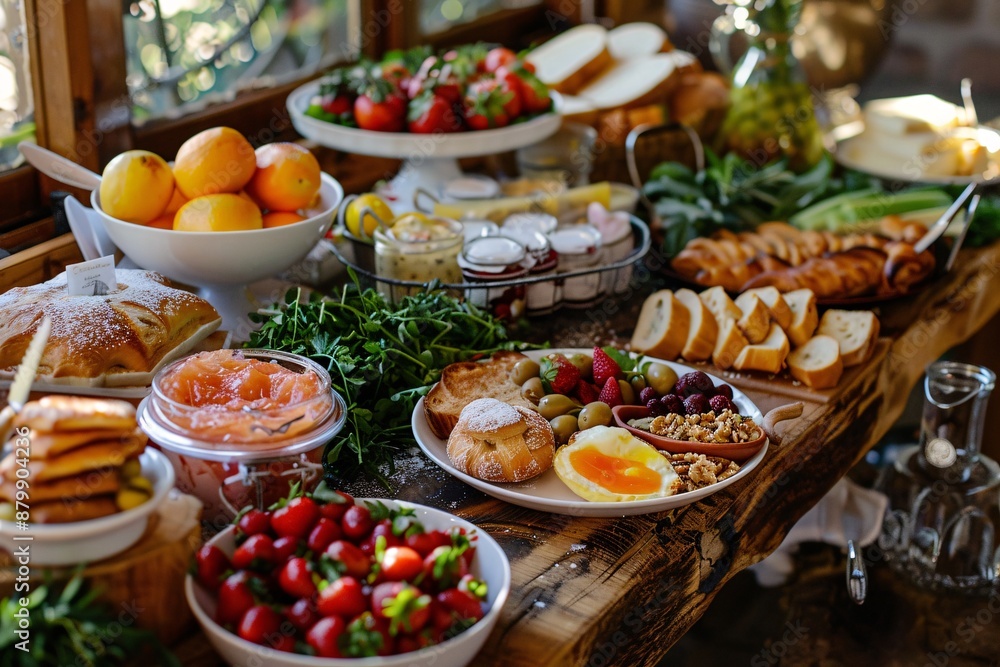 Brunch spread with a variet of dishes pastries. Village Breakfast with pastries, vegetables, greens, spreads, cheeses, fried eggs, jams. Brunch spread with a variet of dishes pastries. Village Breakfast with pastries, vegetables, greens, spreads, cheeses, fried eggs, jams.