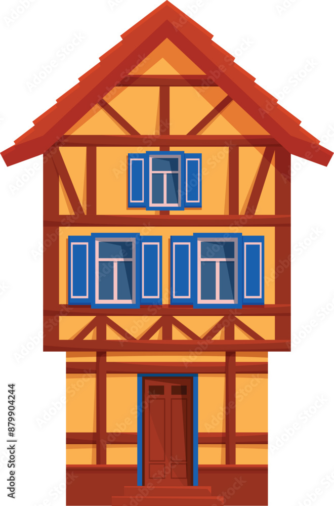 Charming european style house with timber framing and blue shutters is standing tall Charming european style house with timber framing and blue shutters is standing tall