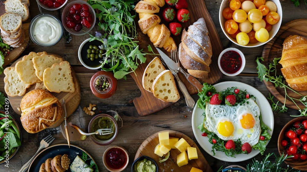 Brunch spread with a variet of dishes pastries. Village Breakfast with ...