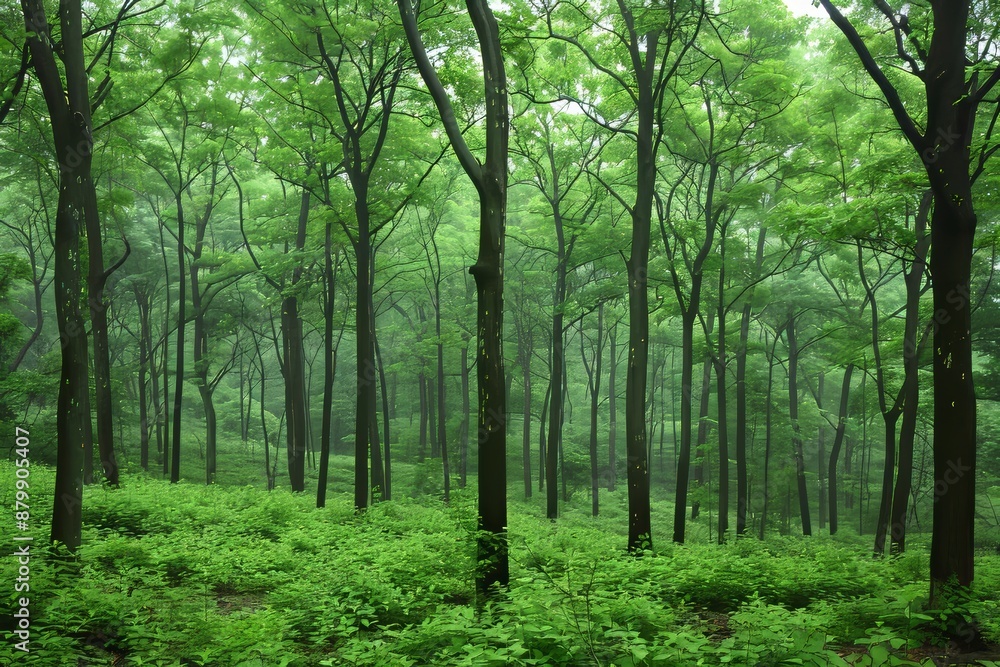 A Lush Green Forest Under a Misty Sky in the Early Morning A Lush Green Forest Under a Misty Sky in the Early Morning