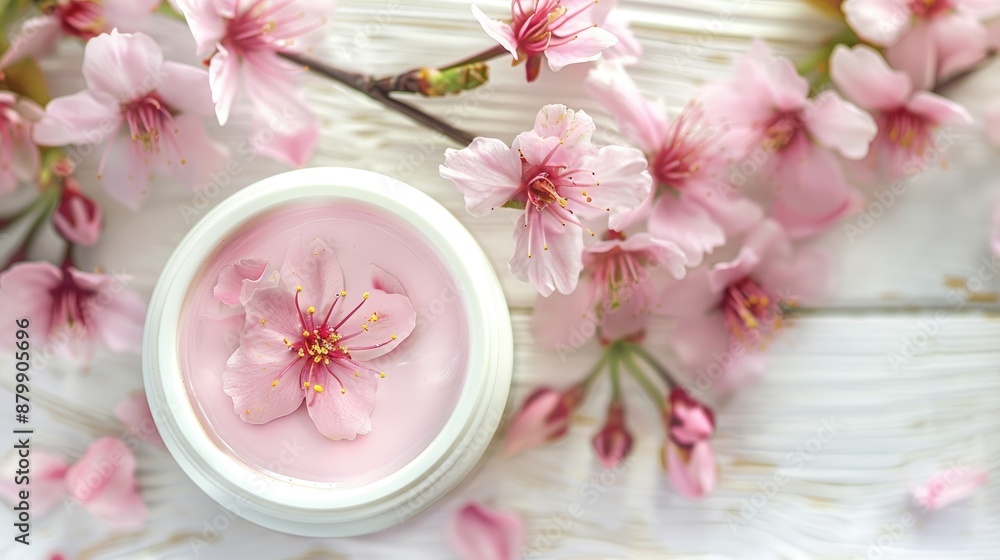 Cherry blossoms and skincare cream on a white wooden surface Cherry blossoms and skincare cream on a white wooden surface