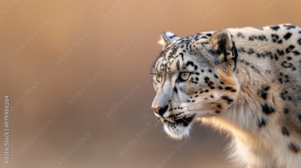 Fototapeta premium In its natural mountain habitat, a fierce snow leopard roars with its mouth open, displaying its sharp teeth.