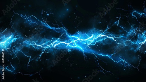 Lighting bolt striking the ground with VFX effects. Decorative modern set isolated on a black background. A blue electric or magic thunderbolt strikes and impacts. © VIK