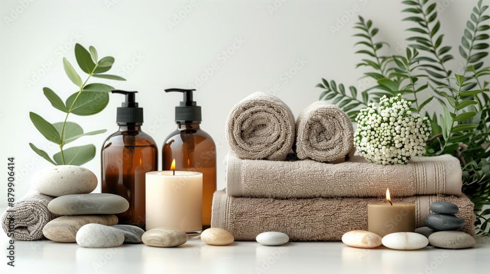 Spa products, towels, candles on white surface with lotion bottles, candles, towels, and smooth gray stones. Spa products, towels, candles on white surface with lotion bottles, candles, towels, and smooth gray stones.