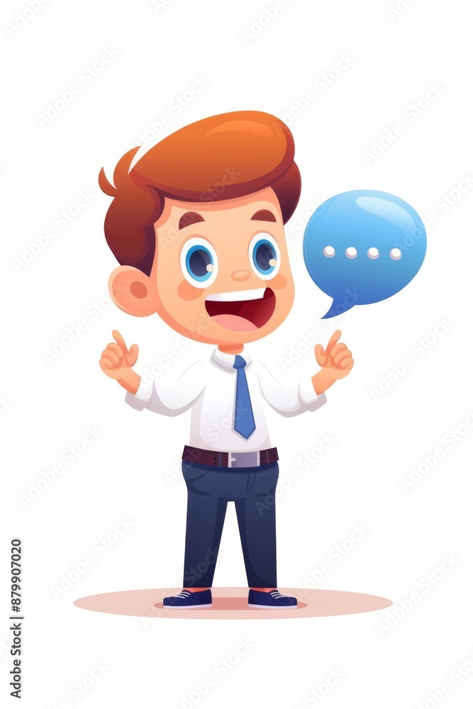 Illustration of a happy cartoon character speaking with a speech bubble. Ideal for communication, business, and educational themes.