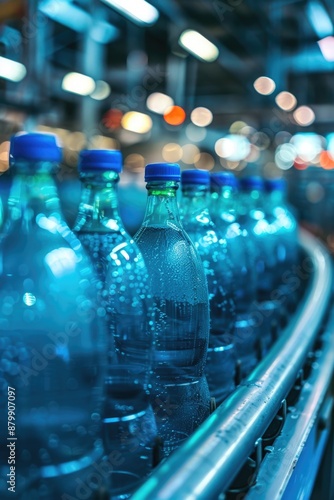 A line of bottled water bottles moving along a conveyor belt in a manufacturing setting