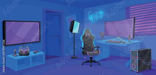 Gaming room interior. Teenager gamer night modern interior, teenage home bedroom or game cyber sport workspace tv console and computer, cartoon background neat illustration
