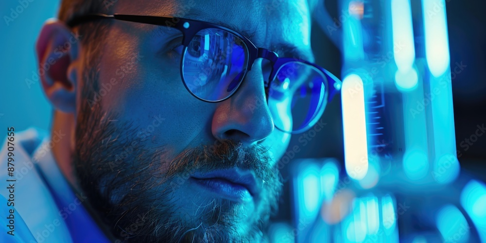 A man wearing glasses and a beard in a lab coat, possibly working in a scientific setting A man wearing glasses and a beard in a lab coat, possibly working in a scientific setting