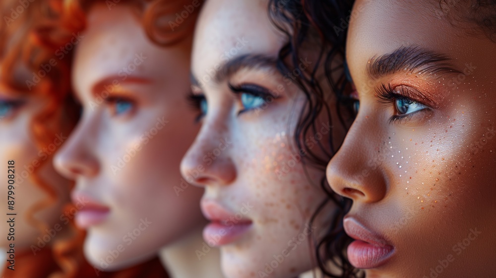 A close-up of four women with different skin tones and hair colors, all with similar makeup looks. A close-up of four women with different skin tones and hair colors, all with similar makeup looks.