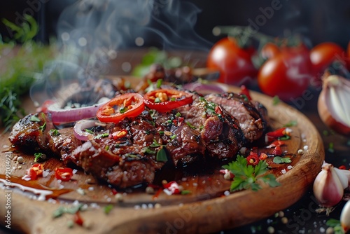 Grilled beef steak with vegetables and spices. Flames and smoke on dark background. Baked meat. Delicious dish. Meat with spices and sauce.