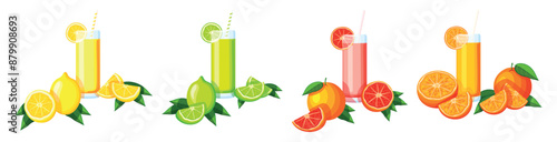 Set of summer citrus drinks in cartoon style. Vector illustration of fresh and tasty juice with different flavors: lemon, lime, grapefruit, orange in glasses with straws isolated on white background.