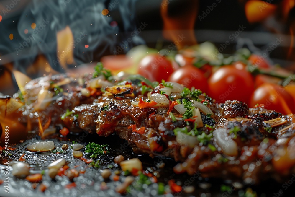 Grilled beef steak with vegetables and spices. Flames and smoke on dark background. Baked meat. Delicious dish. Meat with spices and sauce. Grilled beef steak with vegetables and spices. Flames and smoke on dark background. Baked meat. Delicious dish. Meat with spices and sauce.