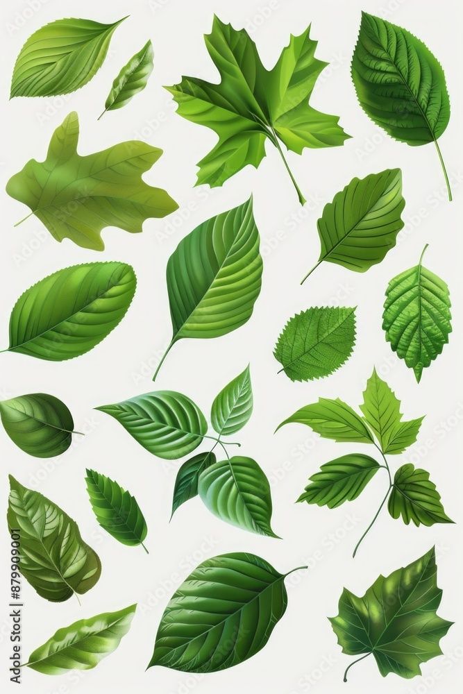 A collection of green leaves on a white background, suitable for use in designs and layouts A collection of green leaves on a white background, suitable for use in designs and layouts