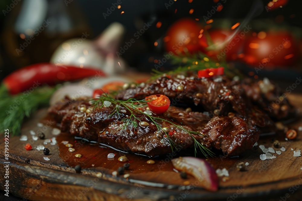 Grilled beef steak with vegetables and spices. Flames and smoke on dark background. Baked meat. Delicious dish. Meat with spices and sauce. Grilled beef steak with vegetables and spices. Flames and smoke on dark background. Baked meat. Delicious dish. Meat with spices and sauce.