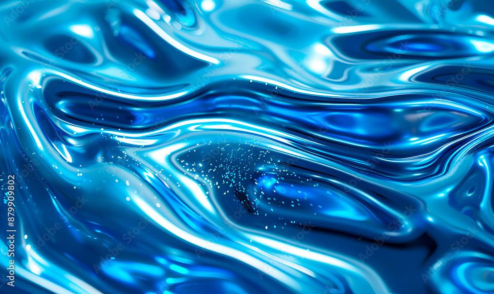 Shiny blue liquid surface with swirling, reflective, and shimmering texture Shiny blue liquid surface with swirling, reflective, and shimmering texture
