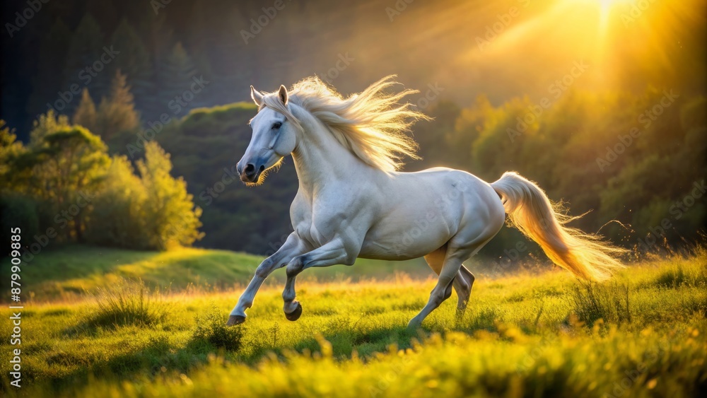 Majestic solo white horse galloping freely in open lush green meadow with warm sunlight casting long dramatic shadows behind. Majestic solo white horse galloping freely in open lush green meadow with warm sunlight casting long dramatic shadows behind.