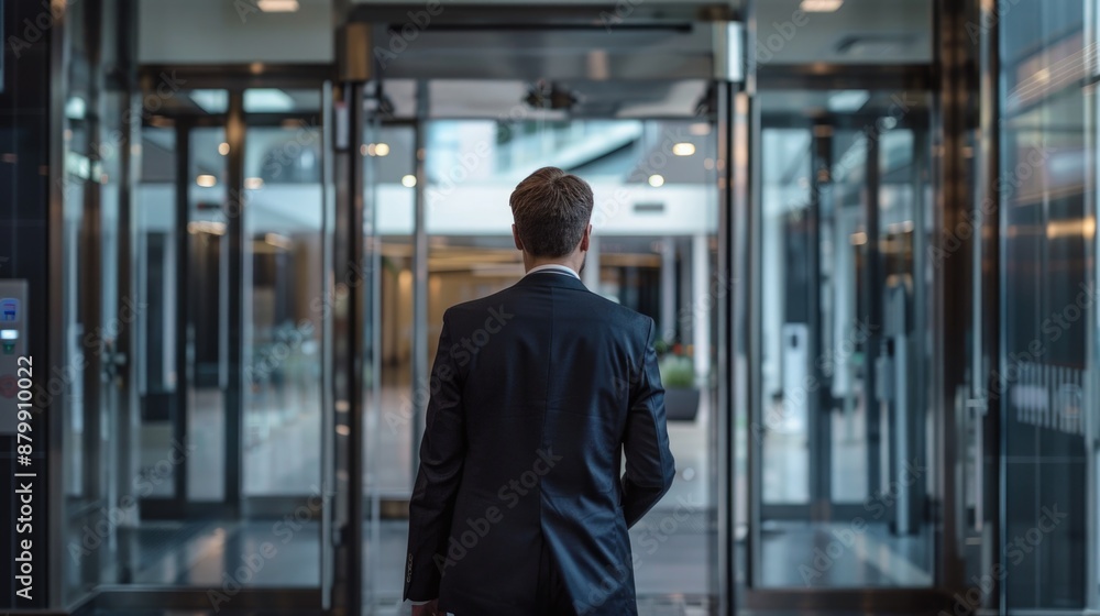 A professional man in a suit walking down a corridor in an office building A professional man in a suit walking down a corridor in an office building