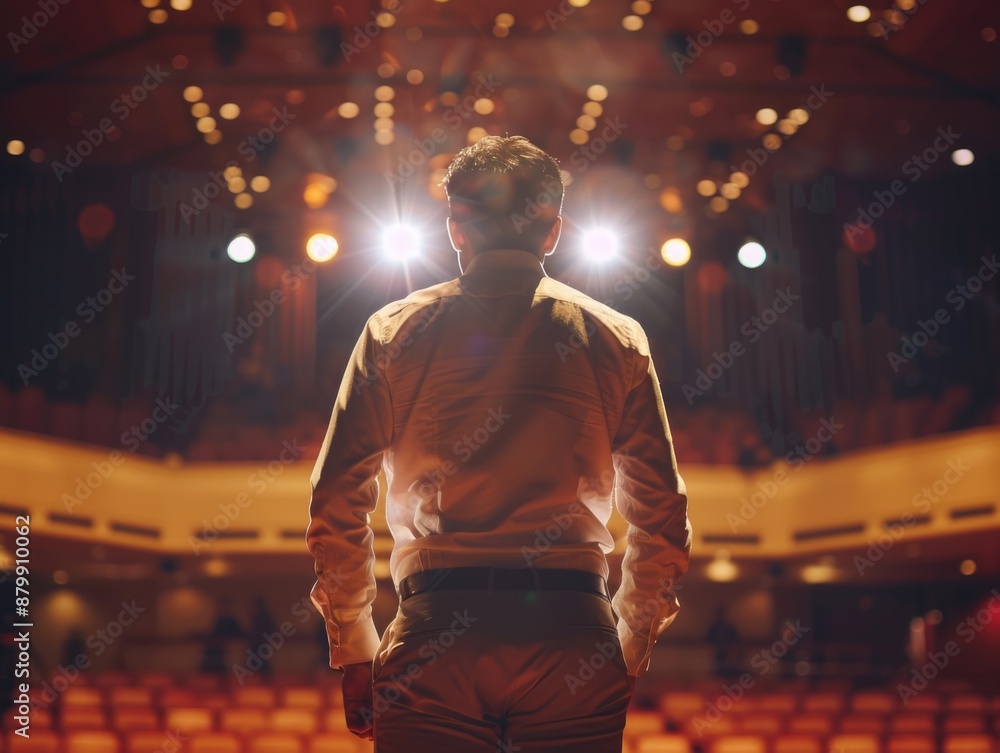Obraz premium A person stands in front of a stage, possibly preparing for a performance or presentation