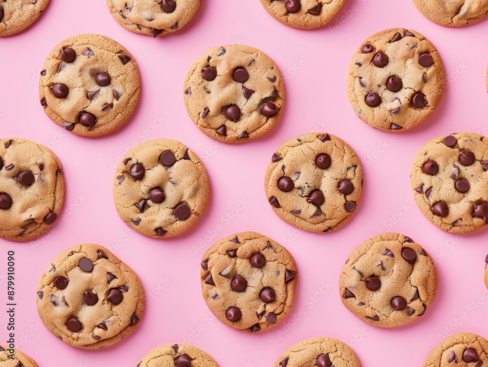 A batch of fresh baked chocolate chip cookies on a bright pink surface, ready to be devoured A batch of fresh baked chocolate chip cookies on a bright pink surface, ready to be devoured