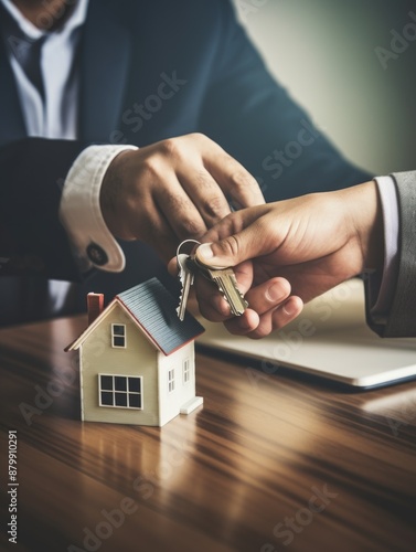 Two people exchanging house keys, symbolizing a new chapter or transition
