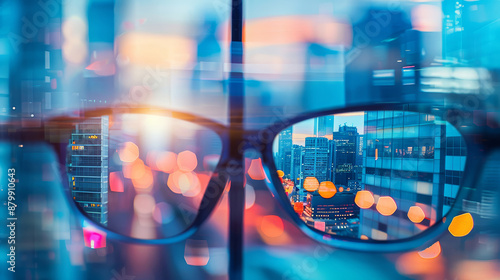 Modern bright view of the city through glasses. Blurred background.