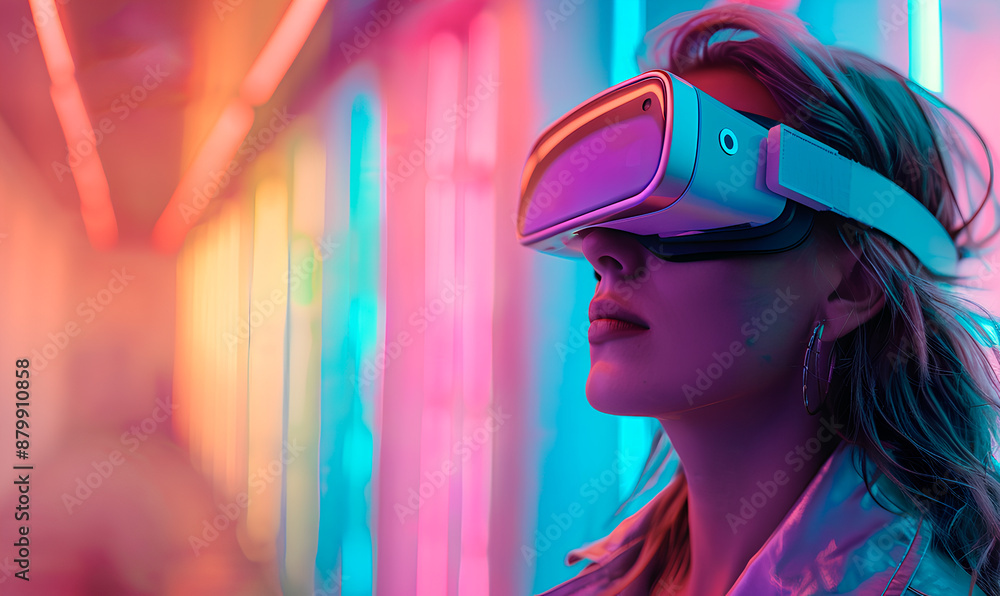 A woman wears a virtual reality headset and looks into the digital world, standing in a room with colorful neon lights A woman wears a virtual reality headset and looks into the digital world, standing in a room with colorful neon lights