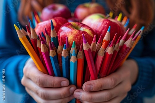 World Teachers' Day. A close-up shot of a teacher's hands holding a bouquet of fresh pencils and apples, symbolizing knowledge and nourishment. photo