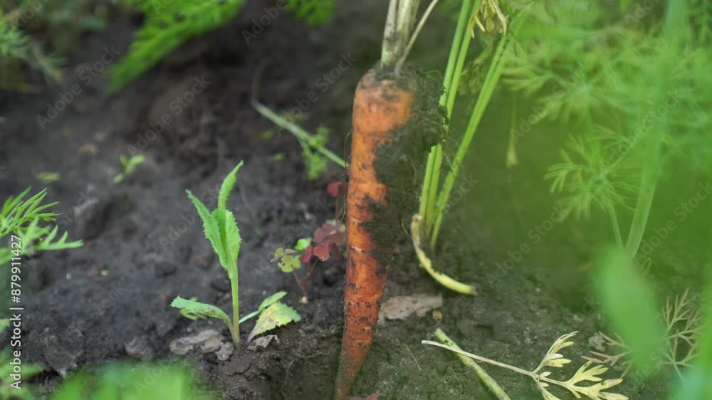 The hand of a farmer's woman pulls a red carrot out of the ground in a garden bed in summer. The concept of growing food on your own The hand of a farmer's woman pulls a red carrot out of the ground in a garden bed in summer. The concept of growing food on your own
