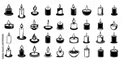 Candles silhouettes. Black spa candle logo outline pictogram, aroma wax religion taper lamp memorial romantic birthday spiritual atmosphere set vector illustration