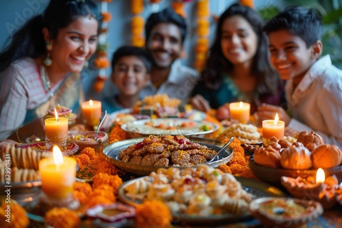 Diwali (Hindu festival). A candid photo of a family laughing and enjoying a festive meal together, with plates of sweets, snacks, and fruits laid out on a table decorated with candles.