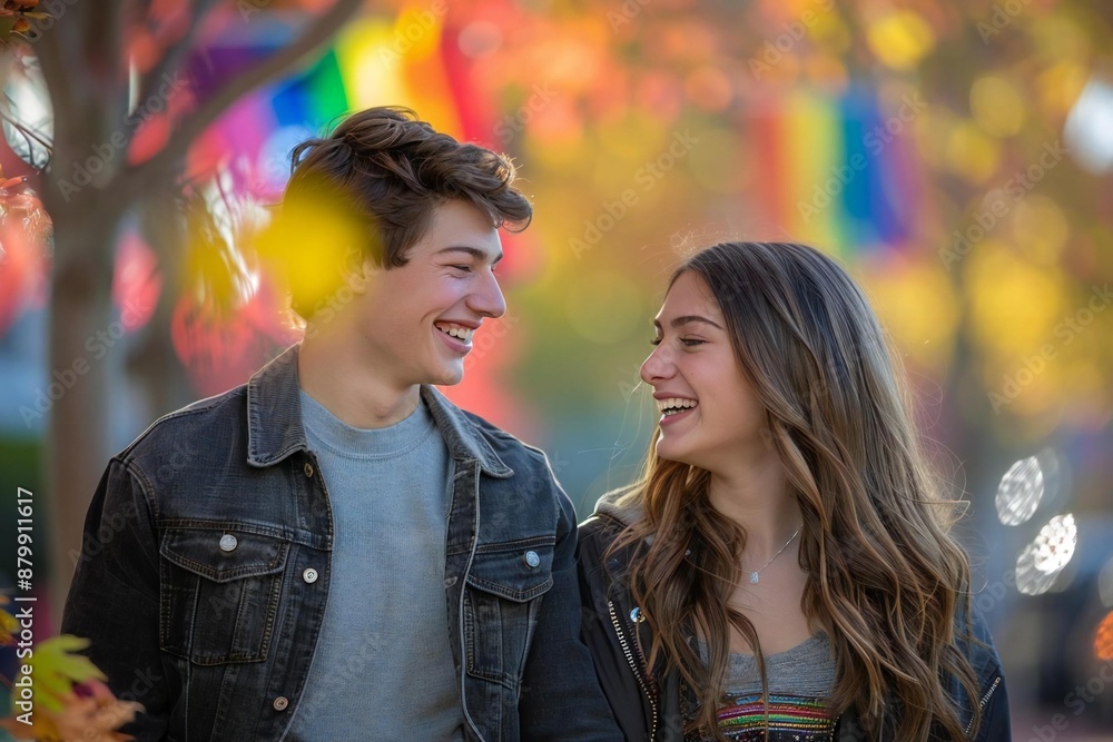 Fototapeta premium National Coming Out Day (USA). A young couple holding hands and laughing, with a background of colorful autumn leaves and a subtle rainbow flag in the corner of the frame.