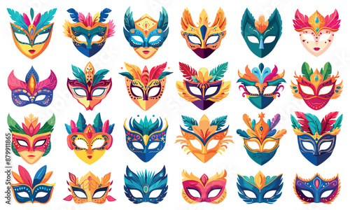 Carnival masks. Venetian masquerade mask face with feathers, costume party mardi festival venice performance theatre mystery masque set cartoon vector illustration