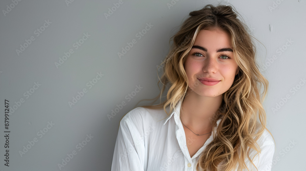 Naklejka premium A happy young professional woman posing alone against a gray wall background