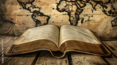 Obraz na płótnie Open holy bible with world map in background.