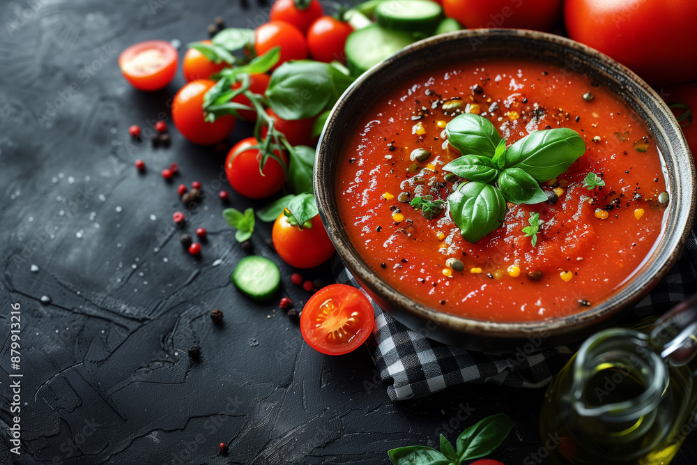 A photo of traditional Spanish gazpacho tomato soup, with tomatoes, cucumber, other fresh vegetables and olive oil in the background. A photo of traditional Spanish gazpacho tomato soup, with tomatoes, cucumber, other fresh vegetables and olive oil in the background.