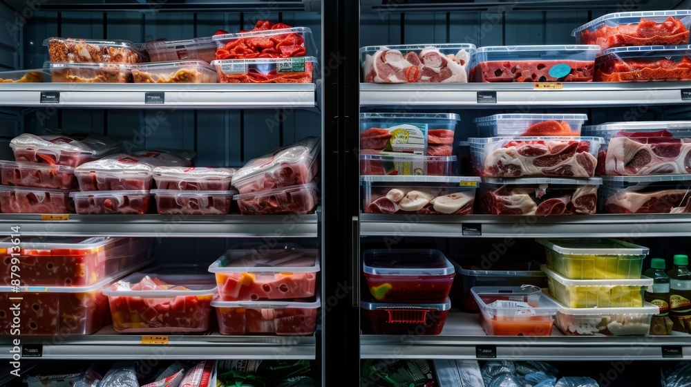 Freezer shelves at grocery store stocked with food and drinks. Interior view captures glass fridge Freezer shelves at grocery store stocked with food and drinks. Interior view captures glass fridge