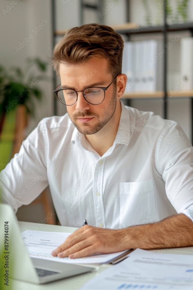 Financial analyst checks documents and prepares recommendations for the accounting department of the enterprise, vertical portrait Financial analyst checks documents and prepares recommendations for the accounting department of the enterprise, vertical portrait